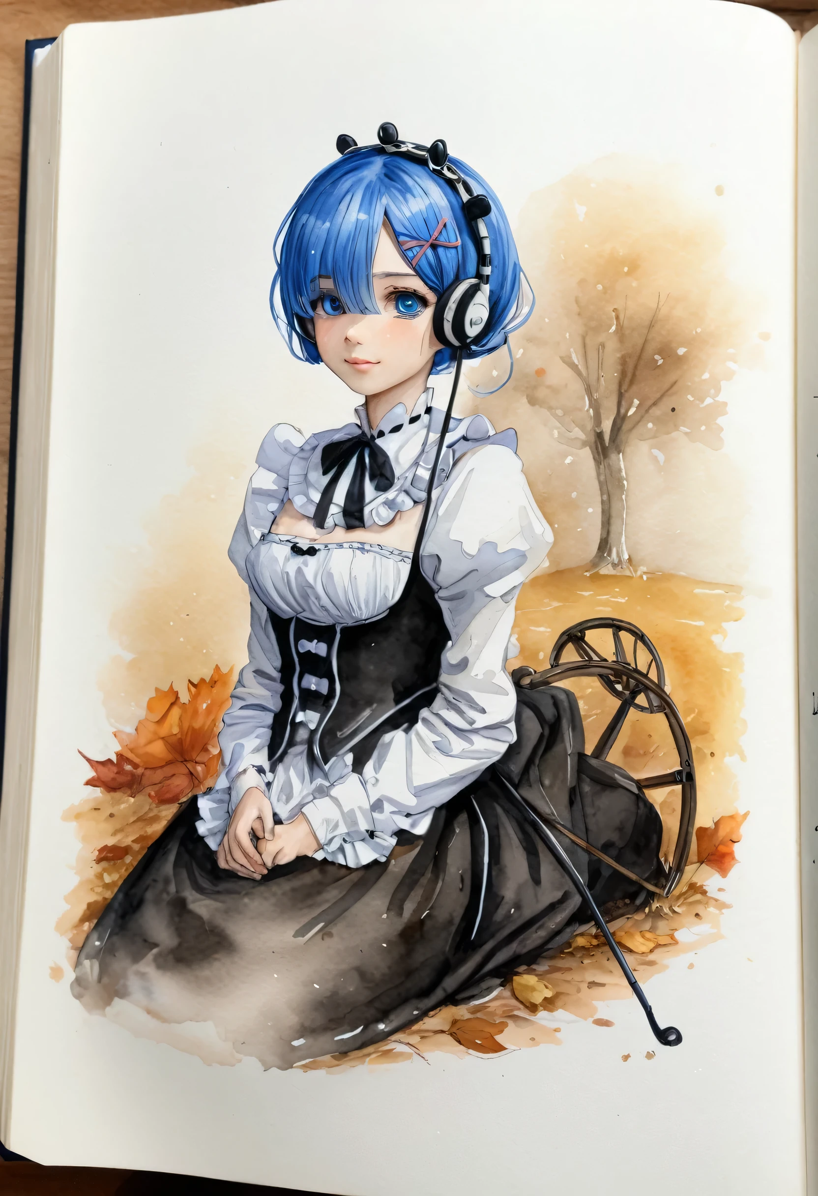 Ultra HD book paintings, Dust reflecting sunlight and a dictionary、Girl with headphones、Anatomically correct、Pearly sunlight、本が乱れ飛ぶStudy、Jean=Baptiste Monge、Watercolor and ink、Intricate details、Fantasy、beautiful、Fantasy、Autumn reading season、The season is autumn、Study、Perfect composition、Artistic style watercolor sketch、Big Stroke、Finished with ink、Fine Lines、Please redeem、masterpiece、blue_eyes,hair_over_one_eye,short_hair,blue_hair,hair_ribbon,horse-drawn carriage_mansion_maid_uniform,