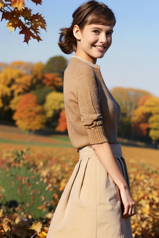 (masutepiece), (Best Quality), Realistic, Photorealism, 1girl, Beautiful woman, Perfect face, Perfect body、(Fashionable autumn clothes) , light smile, medium breast, Early morning sunlight, Her skirt flutters in the strong north wind, Vast autumn flower fields, realistic skin textures、high-level image quality、hight resolution、realistic、