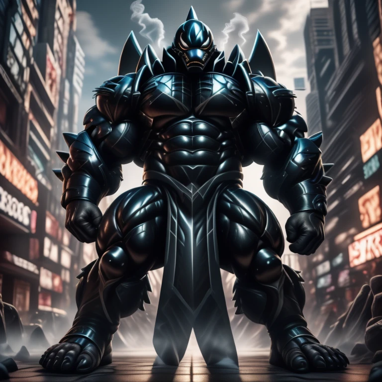 (masterpiece. official art. 8k. best quality. detailed full body. full body.)
(situation 1 : dominating mega lucario. focus GIANT mechanical Muscular mega lucario is trampling the CITY. macro. stomp. Low-angle perspective. emphasizing the immense size. The perspective is from below, emphasizing the sheer majesty and power of the Giant. giant art. He is much bigger than a skyscraper. Giga Giants. micro soccer field. looking down.)

(situation 2 :smoke and flames rising from the destruction in the city)

(Additional details 1: wearing a full-face helmet. helmet is jet black. The color of NANOSUIT is jet black. high-tech bio-mecha armor. real texture material. whole body shines like metal. Wearing cyberpunk mecha. emphasizes the muscles. suit fully made of metal. intricate armor. Robotic suit. suit fully made of metal. no face.). (mega lucario has 5 toes.) Wearing a Full Face Toxic Gas Mask. no blue.
An arrogant expression.
smile at the corner of your mouth.

(Additional details 2: (Detailed head. Detailed Body. Detailed abs. gigantic muscles. HYPER MUSCLES. Gigachad Muscular. big muscle. pecs. triceps. traps. unusually developed muscular body. body full of huge muscles. showing off muscles. pectorales enormes. Exaggeratedly huge muscles. huge muscles. long legs.).

(Additional details 3: nj5furry, Spread wings. It has wings. black have big wings. The claws are sharp. Sharp teeth.5 toes.).  Wearing a Full Face Toxic Gas Mask. 