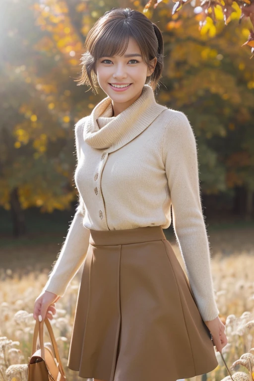 (masutepiece), (Best Quality), Realistic, Photorealism, 1girl, Beautiful woman, Perfect face, Perfect body、(Fashionable autumn clothes) , light smile, medium breast, Early morning sunlight, Her skirt flutters in the strong north wind, Vast autumn flower fields, realistic skin textures、high-level image quality、hight resolution、realistic、