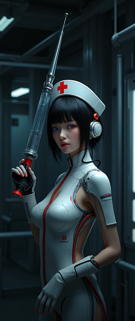 cyber punk Hospital, Working in a hospital equipped with cutting-edge technology、A very sophisticated and beautiful female cyborg nurse, (holding a big syringe_With arms raised above head, exposing armpits: 1.7), ((Nurse uniform exposed, Nurse cap and red cross symbol: 1.7)), Complex Machinery部品, Glowing Cybernetic Enhancements, Perfect Skin, Delicate facial features, beautifully detailed eyes, Sharp Nose, full, beautifully detailed lips, Long eyelashes, Highly detailed eyes and face, Muscular, Perfect and ideal ratio, big, Tight waist, Big Ass, Captivating look, Six Pack, belly button, Tattoo, Light without shadows, Moody and dynamic atmosphere, Dramatic lighting, Structure of the film, Vibrant colors, Exquisite futuristic armor, Graceful pose, Sharp Eyes, (Highest quality, 4K, 8k, High resolution, masterpiece: 1.2), Super detailed, (Realistic, Realistic, Realistic: 1.37), Complex Machinery, Advanced Technology, Dynamic Action, Dramatic Shadows, Movie angle, Intense expression, Dramatic lighting, Neon Highlights, Complex Pattern, Futuristic Setting, Super detailed faces, Structure of the film, Dynamic pose, Tense atmosphere, Rich colors, Advanced weapons, cyber punk, sf, Digital Art, Mecha,