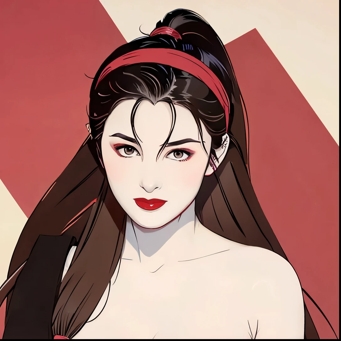 Long Hair, ponytail, Headband, Red lips, ribbon, Large Breasts, Brown Hair, 