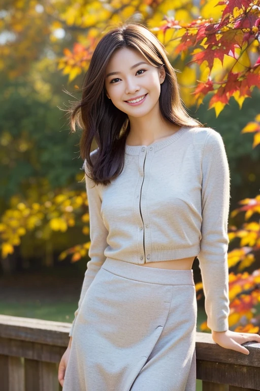 (masutepiece), (Best Quality), Realistic, Photorealism, 1girl, Beautiful woman, Perfect face, Perfect body、(Fashionable autumn clothes) , light smile, medium breast, Early morning sunlight, Her skirt flutters in the strong north wind, realistic skin textures、high-level image quality、hight resolution、realistic、