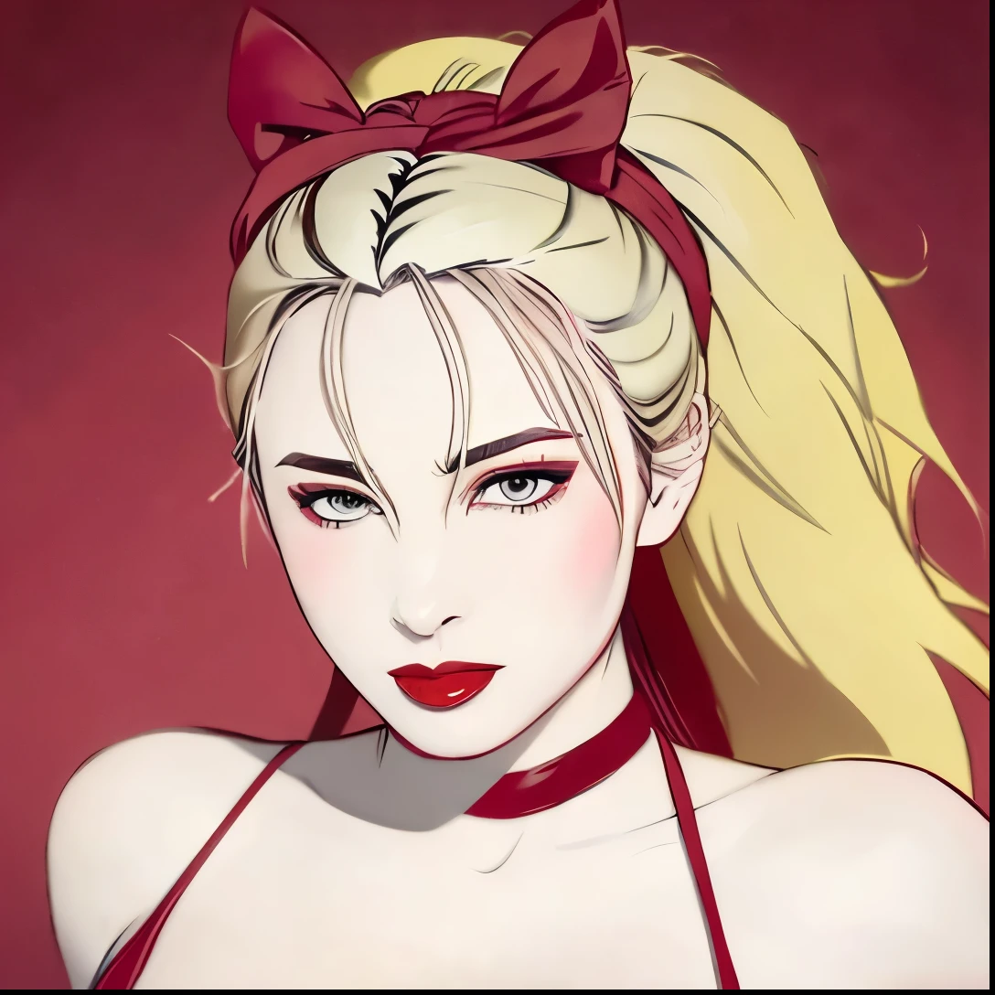 Long Hair, ponytail, Headband, Red lips, ribbon, Large Breasts, Blonde, Crazy Eyes, 