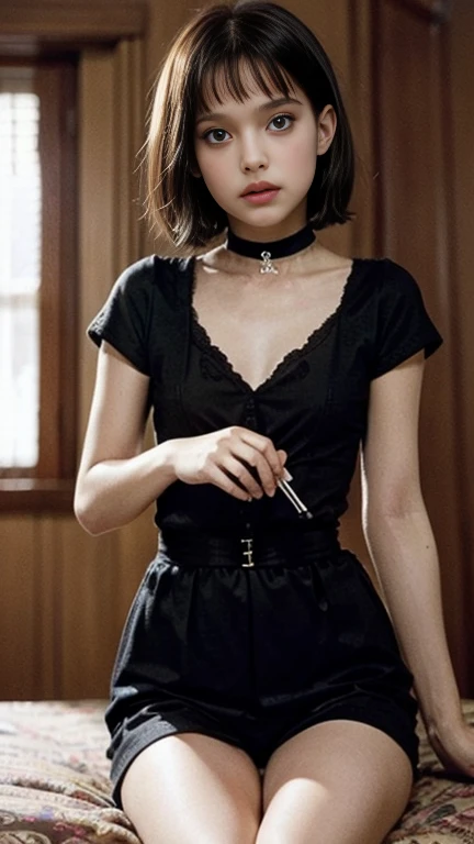 (Matilda, Lolita, Natalie Portman from LEON the Professional movie), short hair with bangs, Face of pleasure, face, ********, ((((Clothing Matilda outfit)))), slim female, Mathilda outfit, detailed face, smirk, ((flat breasts, tomboy girl, small head)), daylight, sunlight, (perfect body: 1.1), (*****), (short stright hair: 1.2), black choker, full body photo, street, thin thighs, (extremely detailed 8k CG wallpaper), (an extremely delicate masterpiece), (best quality: 1.0), (ultra high resolution: 1.0), beautiful lighting, perfect lightning, realistic shadows, [high resolution], detailed and ultra-detailed skin, (((color))), polka dots, perfect angle, confused expression, lost. Small waist, perfect hands perfect fingers perfect breasts perfect face perfect body perfect image, hentai, taboo, fetish, Ecchi, raw, intricate Details, high quality, 64K, UHD,