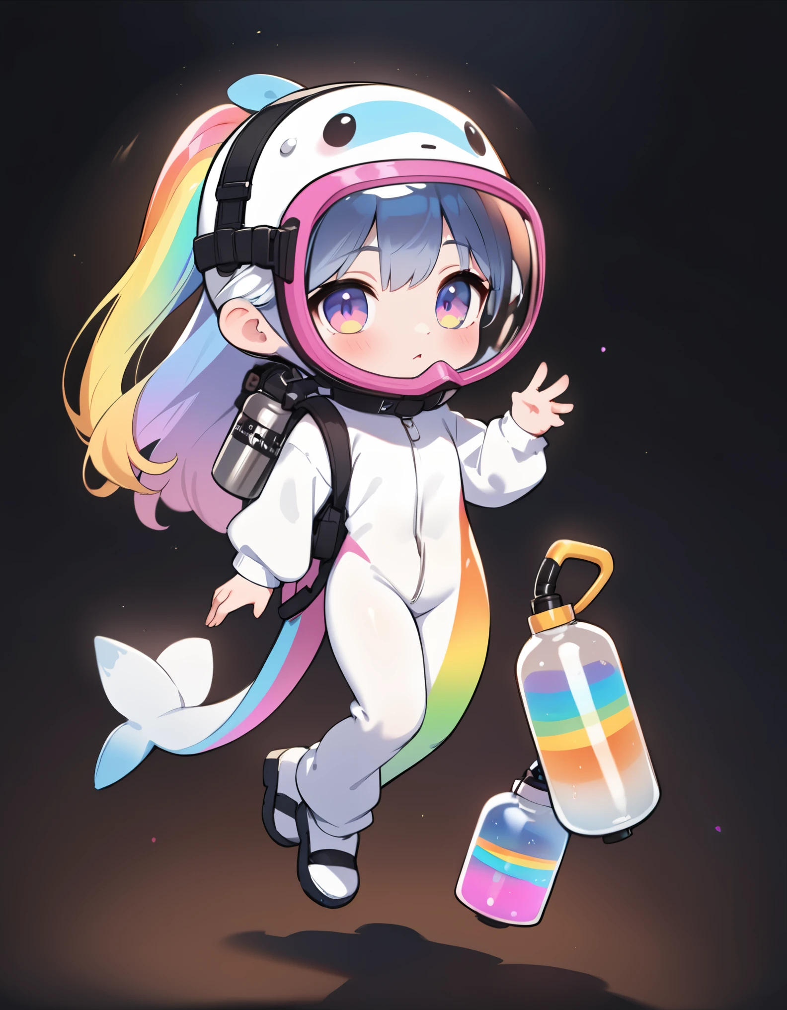 (Minimal Deformation, Simple Art),solo, 1girl\(((mermaid)),(lower-body is dolphin-tail:1.6),realistic dolphin costume, cute, diver, white dolphin costume, Holographically reflective snorkel, Fantastic rainbow-colored oxygen cylinder, full body\), Colorful gradient, simple Black background