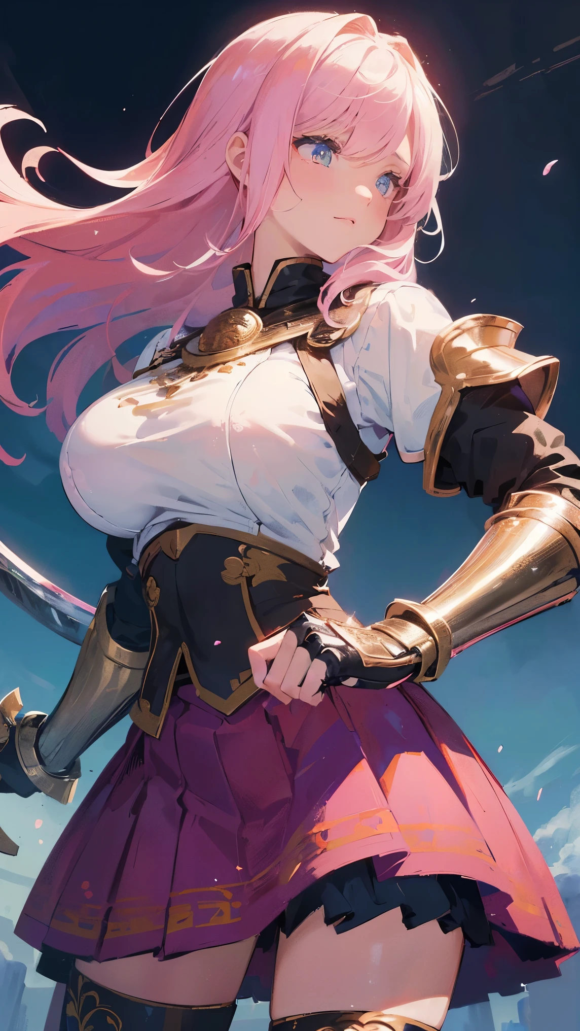 Best Quality, 8k, (One Girl:1.3),(((Big Breasts:1.1))), (Colorful illustration:1.4), (masterpieceBest Quality, Best Quality, Official Art), Very detailed, Most detailed, (Very detailed), ((So delicate and beautiful)), ((Iron Breastplate Blouse Skirt)), ((Swordsman)), ((Metal Gauntlets)), ((Holds a two-handed sword))