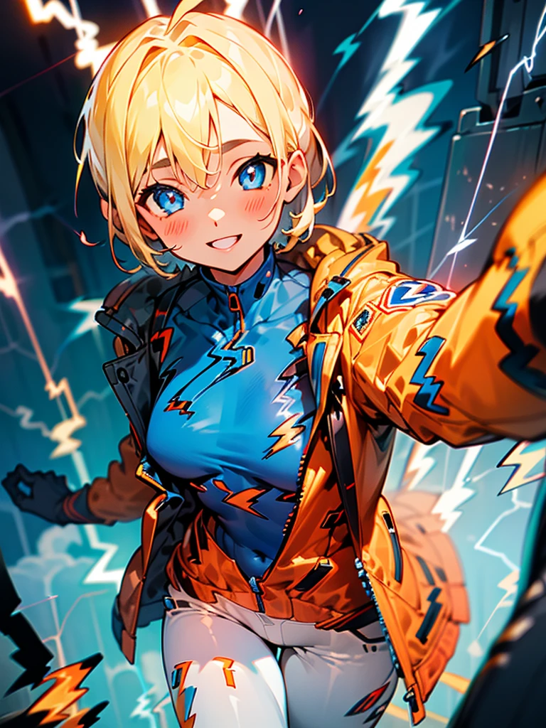 1girl, young girl jumping in air, (smile), great fire behind girl, (electricity:1.5),(blue explosion:1.2), laboratory, operating room,operating table, operating machine, solo, , masterpiece, highly detailed, blue eyes, detailed eyes, expressive detailed eyes, wide eyed, detailed pupils, blonde hair, short hair, orange jacket, jacket, blue shirt, blue top, blue skinsuit, white pants, blush, plain background,wattson