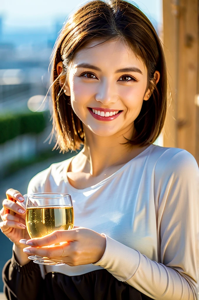 ((Best Quality, 8k, Masterpiece: 1.3)), drinking white wine, has a smile, upper body, slim face, pretty woman, (dark brown hair), white t-shirt, household, ultra-detailed face, detailed eyes, double eyelids, blurred background, slim face, wine glasses, white wine, Japan woman, 44, 42 years old, short hair, toast, kanpai,sexy,whitewine