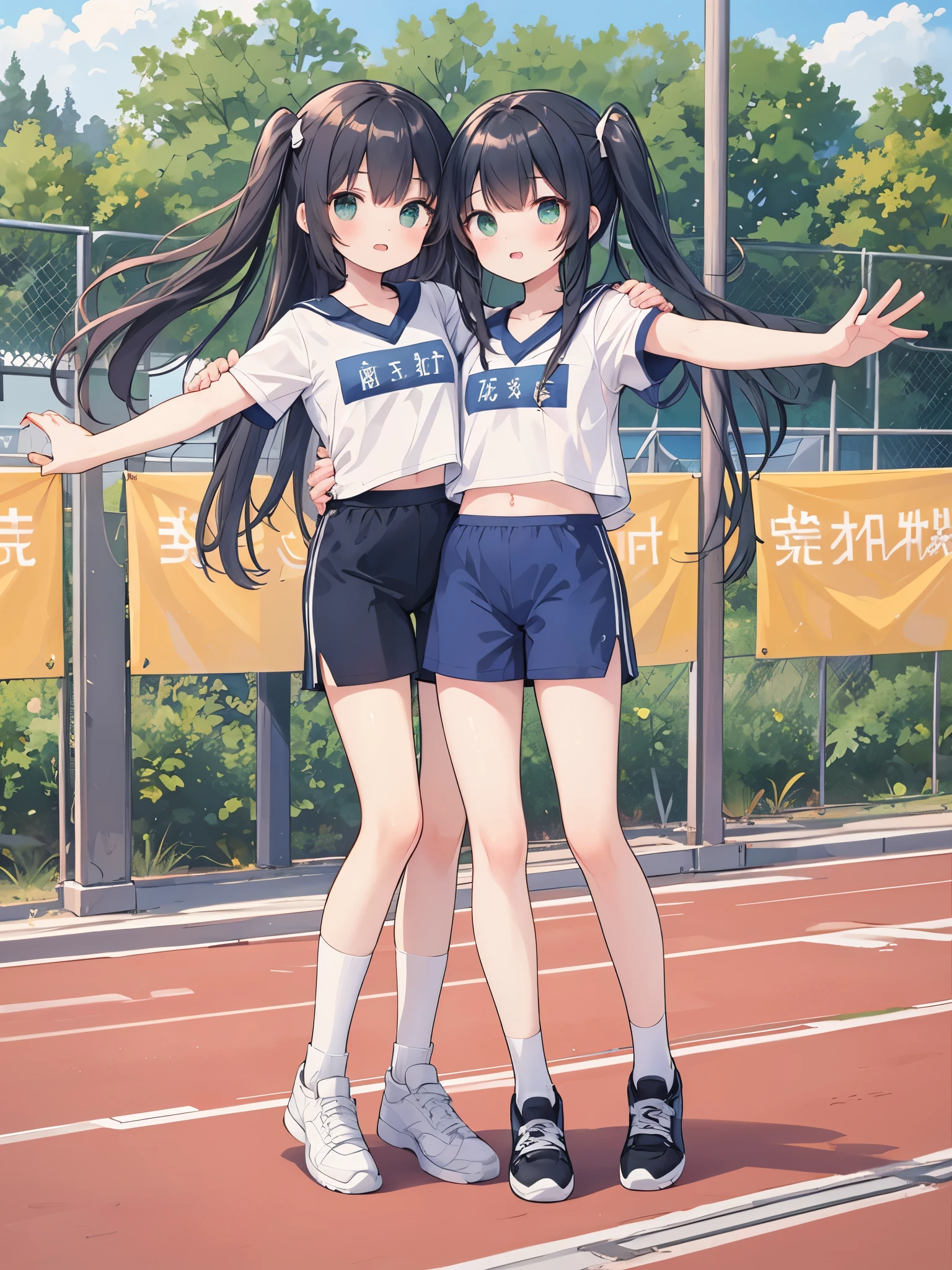 ((Best Quality, 8k, masterpiece: 1.3)),people間の女の子,1people,1peopleで,((Petite,Glamorous Body,Curvy)),cute,Eyes raised and teeth clenched,There is a scar on the cheek,((Long black hair)),Beautiful emerald green eyes,(((In the middle of the track at the school,Sports Festival,White T-shirt,Navy blue shorts,White socks,Blue sports shoes)),(((Place your hands on the ground and extend your arms and elbows.,Stand upside down with both feet together and stretched vertically))),((((Whole body))),