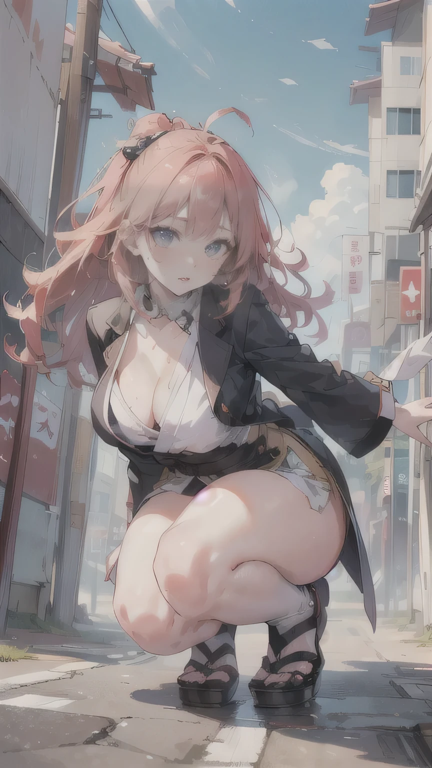 A highly detailed portrait of a Japanese woman, a master of iaijutsu, in an anime style masterpiece, (1 girl:1.1), wearing a high-quality suit, (sensual, alluring), with disheveled hair, showcasing her agility, (full body), attacking from a crouched position