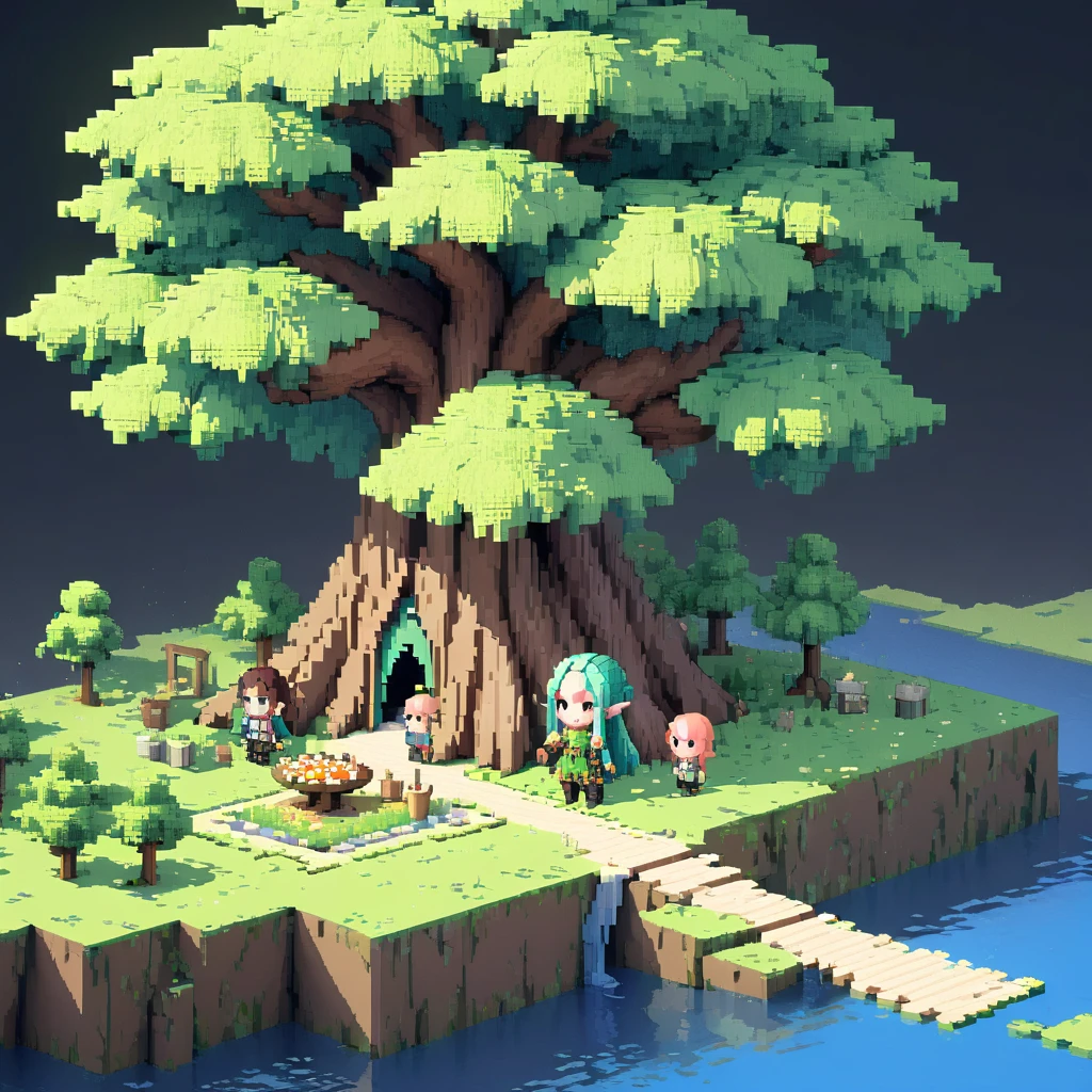 Voxel,(3D Big Pixel Art),(3D pixel art:1.2), (Many Elves\((Chibi:1.5),Living Everyday Life,Eat food,Laundry,Talking to each other,living on Yggdrasil\)),background\(Yggdrasil\(Very big tree,Elven settlement\),forest,beautiful lake around Yggdrasil\), break ,quality\(8k,非常に精細なCGユニットのwallpaper, masterpiece,High resolution,top-quality,top-quality real texture skin,Surreal,Increase the resolution,RAW Photos,最高quality,Very detailed,wallpaper,Cinematic Lighting,Ray-tracing,Golden Ratio\),Isometric view,(3D pixel art),