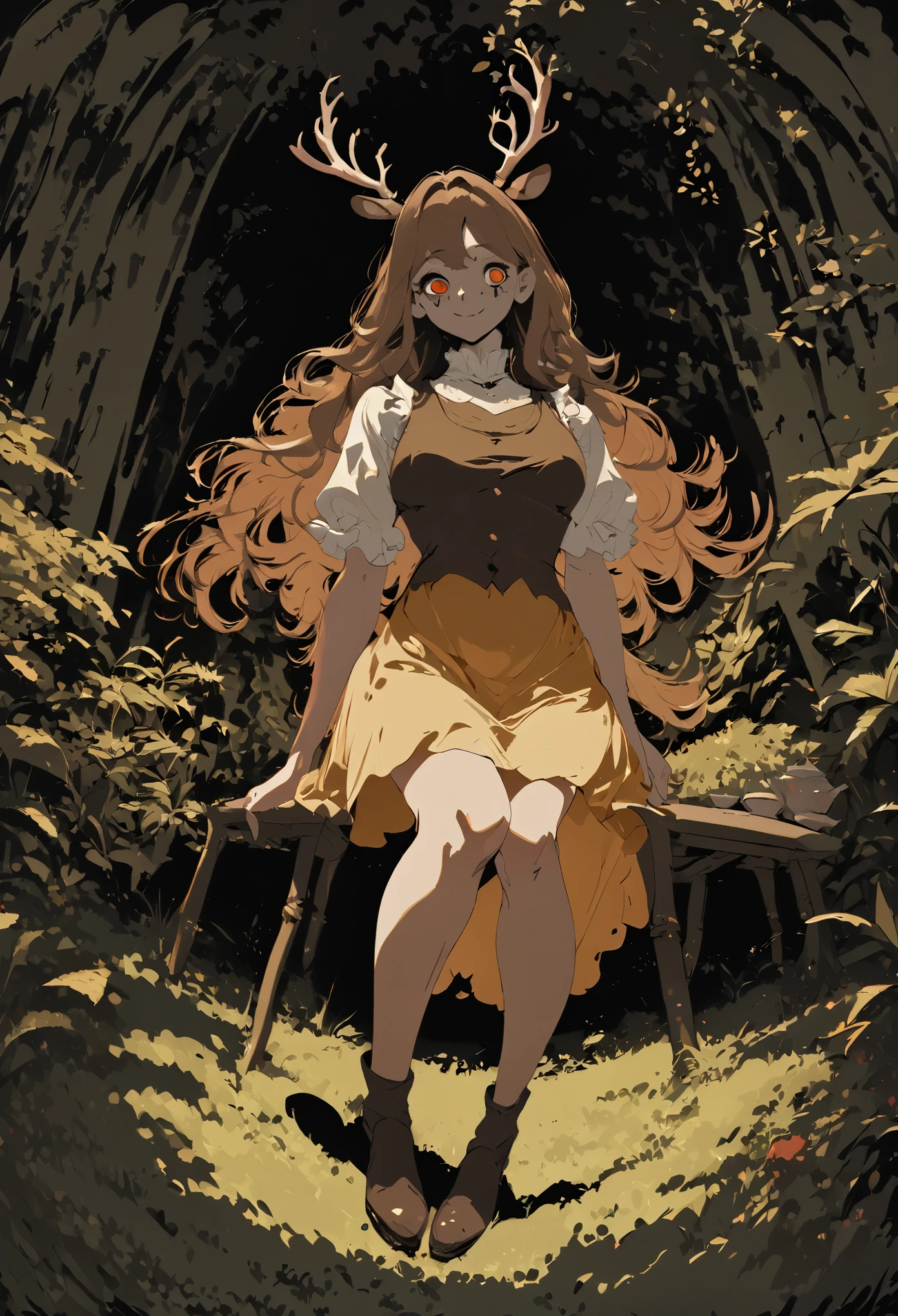 1girl, perfect anatomy, brown eyes, antlers, 8k resolution, (one person), (score_9), (realism: 1.2), (masterpiece: 1.2), (cowboy frame: 1.2), romantic lighting, (high detail: 1.2), (detailed face: 1.2), (full body shot: 1.2), (gradients), bright, detailed eyes, (natural light: 1.2), (masterpiece, top quality, best quality, hd, beautiful and aesthetic:1.2), (flat color:1.3), high resolution, extremely detailed, original, colorful, dynamic curves, fisheye view, solo, garden, outdoors, forest far away in the background, sitting on a garden chair, table with tea set, plants, brambles, perfect lighting, deer ears, long hair, ginger hair, cream colored dress, dark brown vest, perfect facial features, low angle, perfectly drawn eyes, smile, full-length