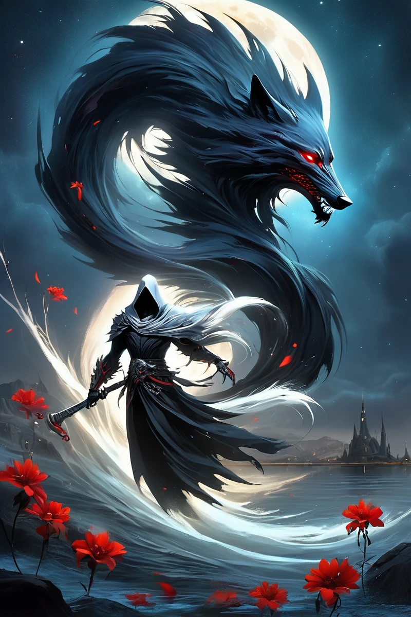 concept art (dc wilderness wolf:1.2),wild power,villain,Horror-themed Reaper from Overwatch strikes a dramatic pose in a moonlit water landscape adorned with vibrant red flowers,creating a scene that seamlessly balances elegance and mystery. The exaggerated,a huge white snake interacts around him,dynamic posture of Reaper adds a touch of theatricality to the composition. The moonlight reflects off the water's surface,casting a serene glow on the surroundings. The intricate architectural elements in the backdrop contribute to the overall aesthetic,combining elements of fantasy and reality. The vivid red flowers add a contrasting and haunting beauty to the scene,enhancing the visual impact of the character's presence. This artwork aims for a balance between the ethereal and the ominous,emphasizing Reaper's enigmatic persona in the moonlit setting.,
bleach,masterpiece,best quality,8k,HDR,. Eerie,unsettling,dark,spooky,suspenseful,grim,highly detailed,ral-blackhole,a mysterious vortex, . digital artwork, illustrative, painterly, matte painting, highly detailed