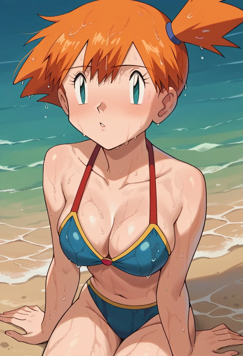 1girl, 1solo, misty pokemon, orange hair, long hair, aqua eyes, curvy, beautiful girl, blue swimsuit, blue bikini, on beach, wet hair, wet skin, sweat skin, good looking, striking a pose