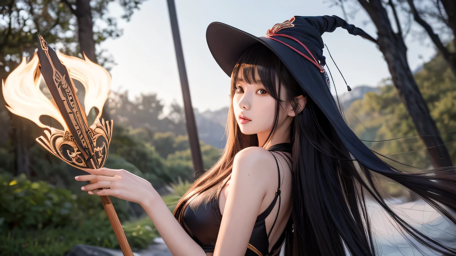 Shooting with an anamorphic lens、 girl with, a beauty girl,((Matte skin))、The wind is blowing、Well-formed face、((Not wearing pants))、fullnude、14years、8Head and body、a small face、A slender、Very skinny、skinny、tiny chest,Ribs、discreet breasts、Smaller chest、small tits、beauty legs、Constricted waist、dented belly、Model body type、Beautiful black hair with luster、Backgrounds that look like real photos、(((NSFW)))、(((Thigh strap for only one leg)))、Happy face、Book cover、Artistic silhouette、appearance々Nice place、Girls working hard to be fashionable、Leaving home naked、Wearing a witch's hat、Halloween Cosplay、miscievous smile