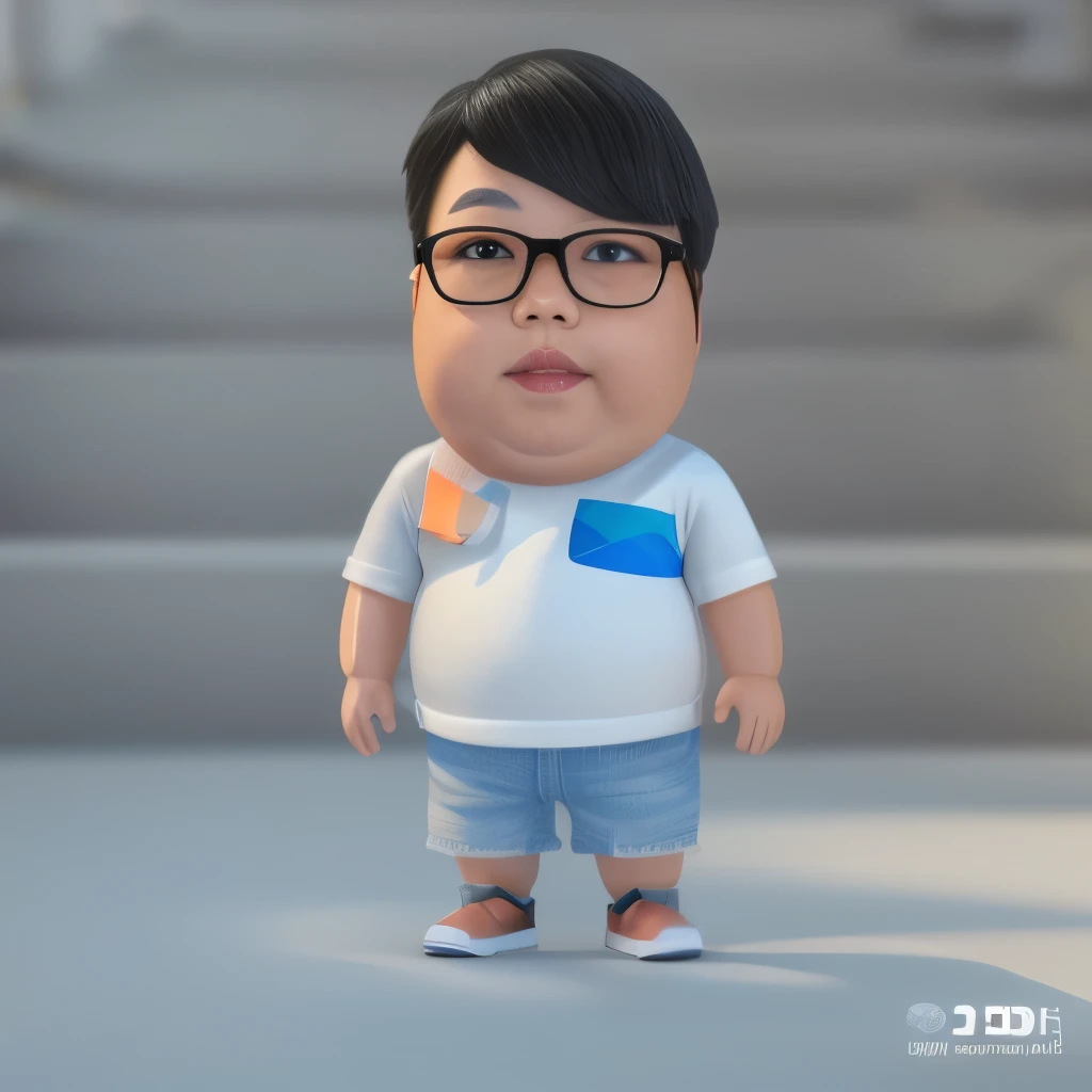 photographic portrait full body 3d render of young chubby chinese man, wear spectacle, wear white tank top, wear blue denim shorts, dark short hair, chubby face, detail face, detail nose, realistic eyes, detail fingers, as a full body funko pop toy, cyberpunk japan background, sigma 85mm f/1.4, 15mm, 35mm, 4k, high resolution, 4k, 8k, hd, full color, photo realistic deserted street with cyberpunk blade runner japan at dark night sky scene style