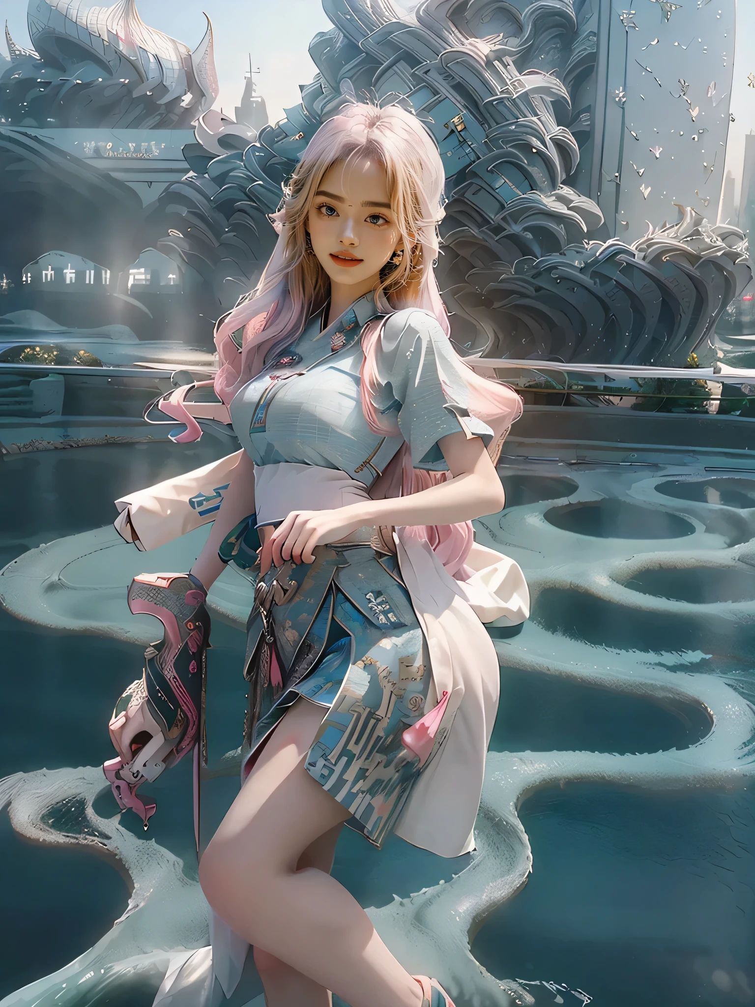 Official Art, masterpiece, Clear focus, (Beautiful, charming and lovely Korean woman:1.3), (Beautiful and cute Korean:1.3), Korean beauty, Exquisite and beautiful hair、Eyes and face, Practical, Very detailed, beautiful girl, Blue sky, Glowing white particles, (Side Light:1.2), Sunlight, white cloud, Detailed clouds, slim, Cute girl, Smiling with teeth showing, ((Smiling eyes, [Open your eyes)), landscape, Long straight hair, Sexy facial expressions, architecture, (Cityscape: 1.7), Dynamic Hair, Very Long straight hair, Detailed platinum silver hair, Glowing green eyes, (Pink Pleated Shirt + skirt), white, pale skin, Hair accessories, Epic landscape,