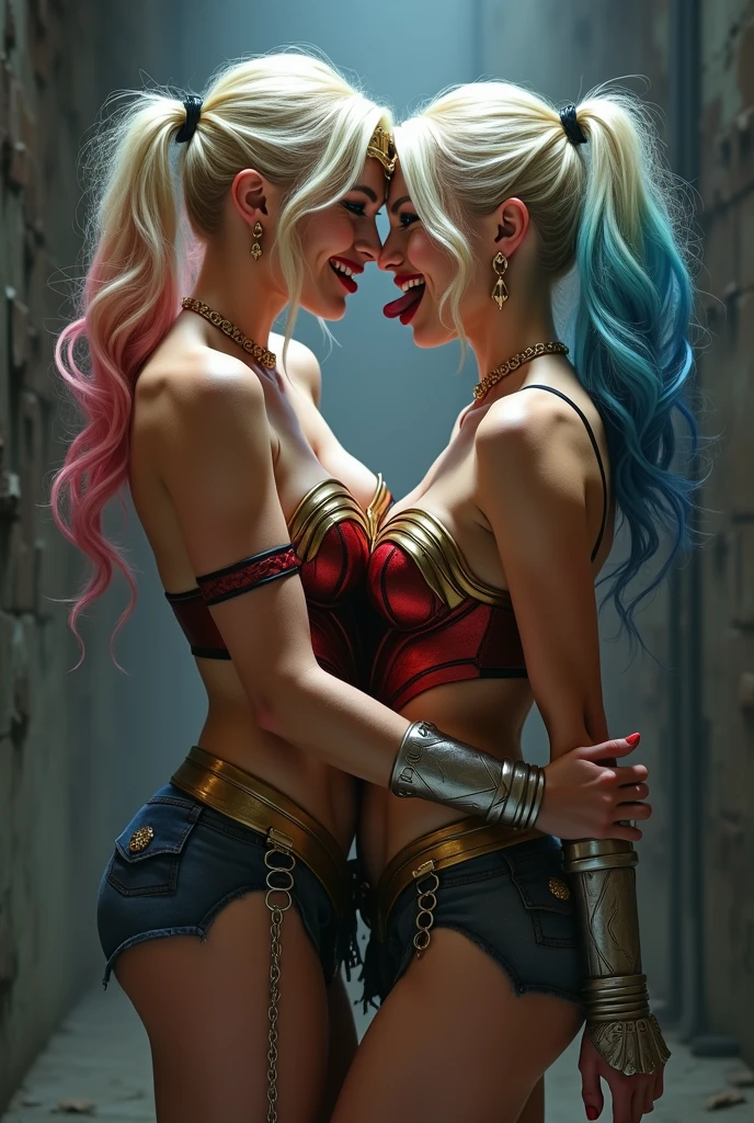 A blonde woman dressed like Sailor Moon kissing in a french kiss a Goth woman, kissing each other, beautiful body, sexy fit body, detailed face, at the comic con