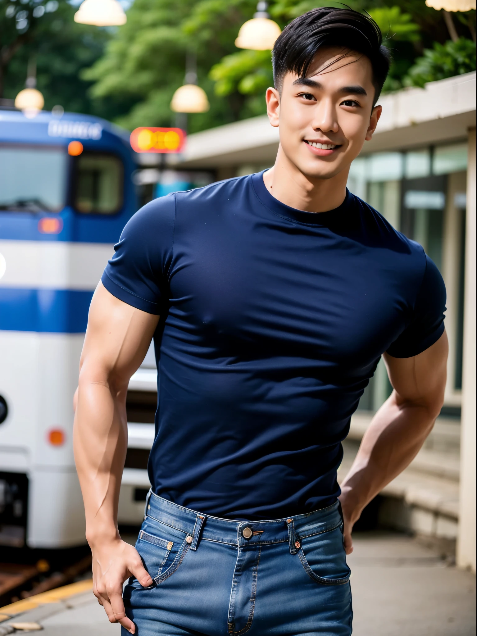 Realistic​ photography​ of a​​​​ asian cute boy​, 20 ages​​​ , wearing​ shirt​,pants, at​ random,movement dynamic pose very cool,big pecs

