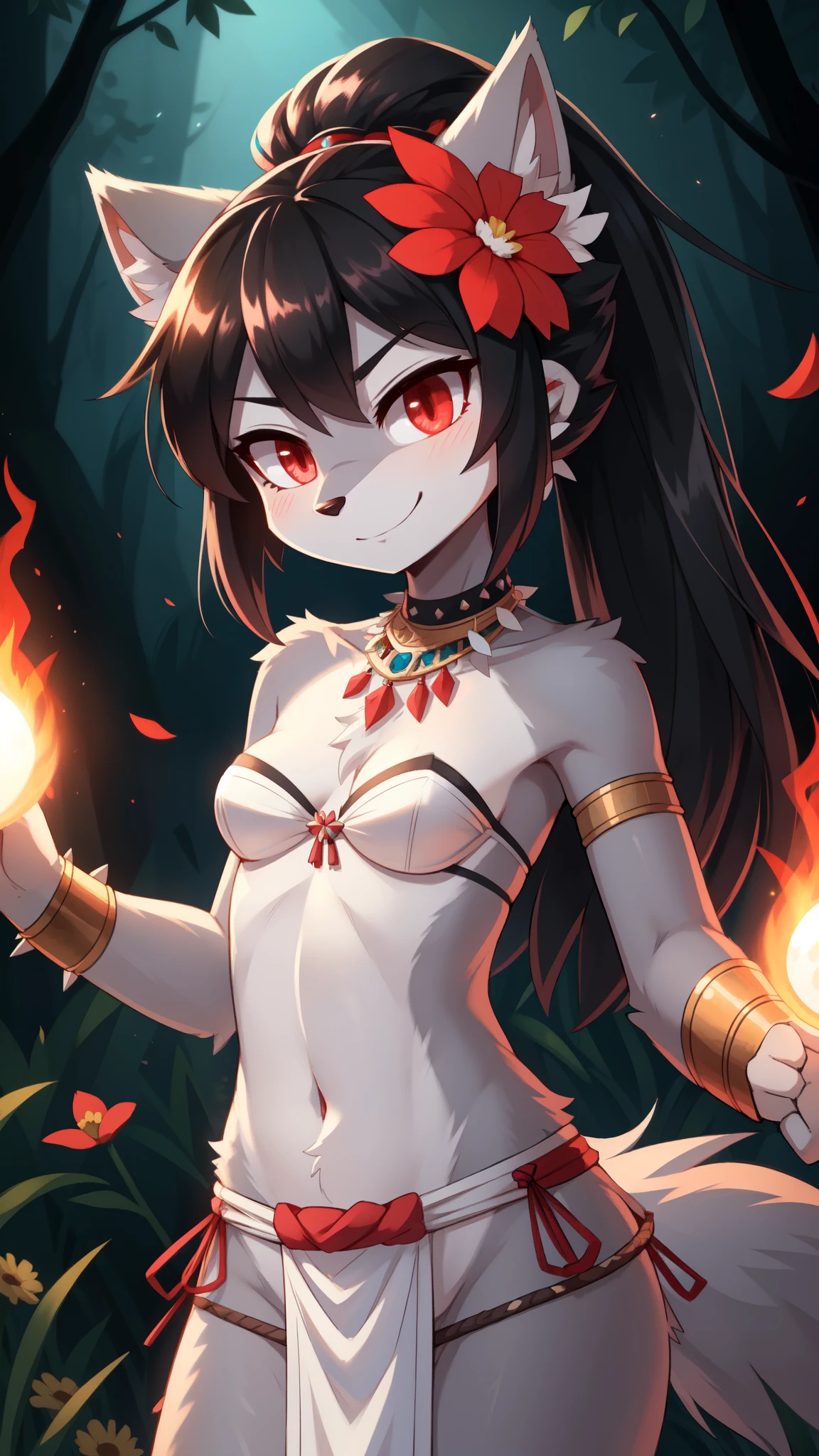score_9,score_8_up,score_7_up, source_cartoon, source_furry, furry girl, wolf, black hair, punk hairstyle, long spiky ponytail, large ponytail, anime style, small breasts, red eyes, (makeup, red eyeshadows), ((deep red bikini ruffled triangle, high cut bottom, star necklace, beach sarong on hips)), high quality, detailed body, detailed eyes, detailed face, masterpiece, glistening body, detailed body fur, best quality, two tone body, gray fur, clear gray fur, perfect lighting, perfect shadows, perfect eyes, perfect hair, perfect face, gorgeous body, skinny, full body, feets with three toes, 3 toes, grin, magic tattos surrounded all body, magic spell, magic aura surrounded all body, glowing body, glow red eyes, sparkling body, sexy, magic particles, magic girl transformation effect, detailed Illumination, front Illumination,