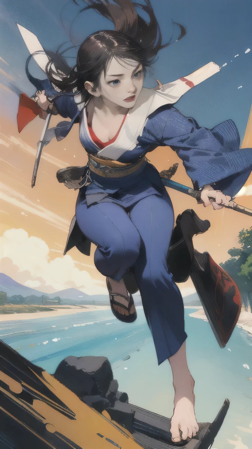 Best Quality, Anime style masterpiece, (Alone:1.1),Detailed portrait of a Japanese woman who is an Iaigiri master,2, 1 female, [Suits made from high quality fabrics],[Functional,Charming],[Disheveled Hair],Show off your agility,[whole body],Attacking from a crouched position