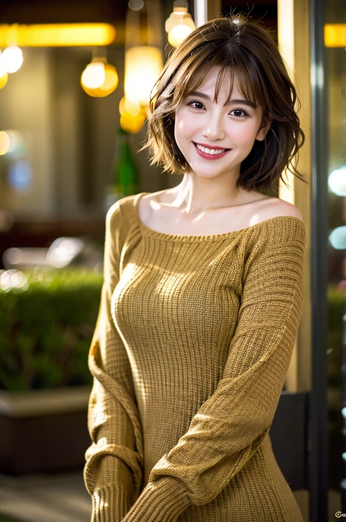 (Best Quality, 8k, 32k, Masterpiece, UHD: 1.2), Cute Japan Woman Pictures, Small, Very Short Bob Hair oversized_sweater, Upper Body, Necklace, Simple Background, Look Around, Smiling, Underwear, Lingerie
