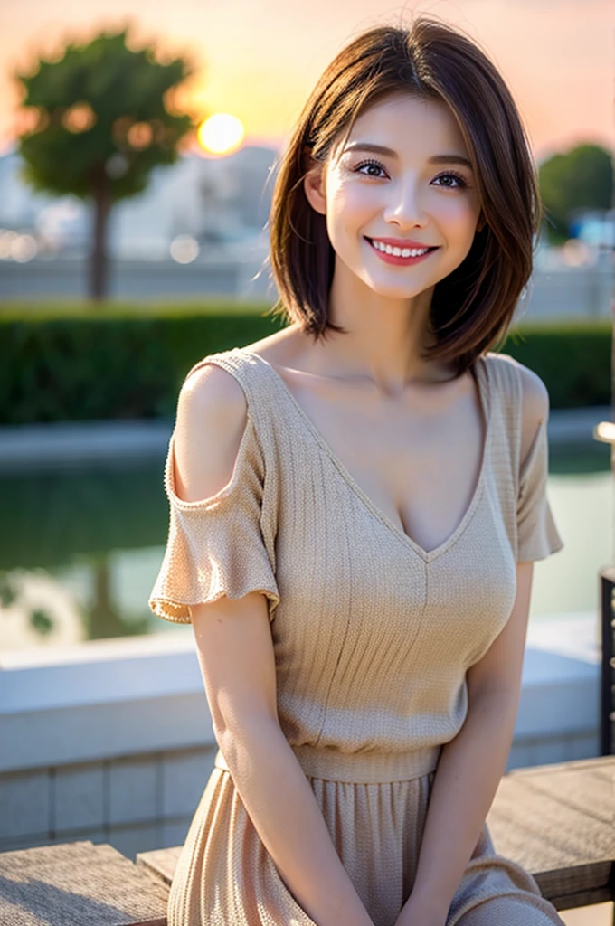 photograph of 1 girl 18-year-old in Beach, sand, Daytime, Professional Lighting, Photon Mapping, Radio City, Physically Based Rendering, masterpiece, Rich details, (Beautiful Face),(Beautiful Eyes), (Clear Face), (Detailed face description), (Detailed hand description), (masterpiece) , Realistic, Extreme light and shadow, Shiny skin,Shiny Hair, One Girl, 18-year-old, cute, Captivating smile:1.2, Happy, Wink gradient brown hair, Gray Hair, Short Curly, small, thin, double, Disheveled Hair, thin鎖骨,((From the side, Cowboy Shot: 1.3)), Hunchback: 1.2, ( Knitted deep V-neck slip dress, Medium chest, Side bust, Flat Chest, Bare waist, Cleavage:1.3), (Improve the beauty of skin texture:1.1)