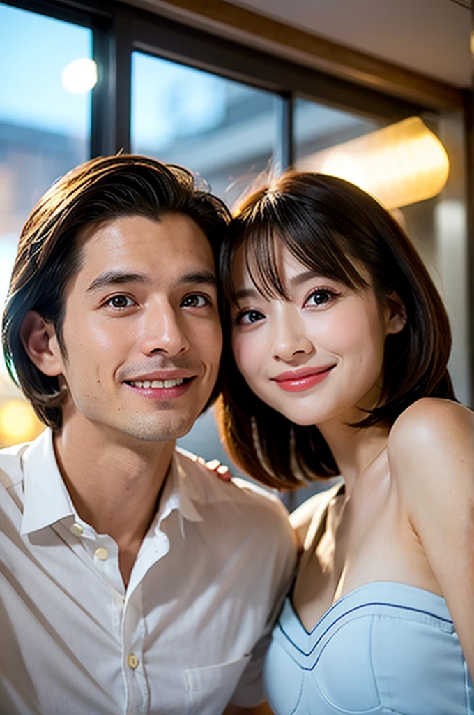 (Realistic, 超Realistic:1.4), 16K HDR, High resolution,(Wine Glasses),(Wine bottle),(Champagne glasses),Happy smile、short hair,The best smile、Japanese actress,so beautiful(It looks like the real thing),Cocktail Dresses、red wine、White Wine、Sparkling wine、Slim couple、Model Couple、(Realistic, Intricate details:1.2), Amazing view of the sunset sky and clouds、,Digital SLR camera, Soft Lighting, Detailed Background, Volumetric Lighting, Sharp focus, super Realistic 肌,so beautiful表現です,Cloud Effect:1.2、プロ品質のHigh resolution、Best Quality,Slim figure,High quality face,Detailed eyes,Beautiful Lips,Excellent light particles,Cinema Lighting,blue eyes,