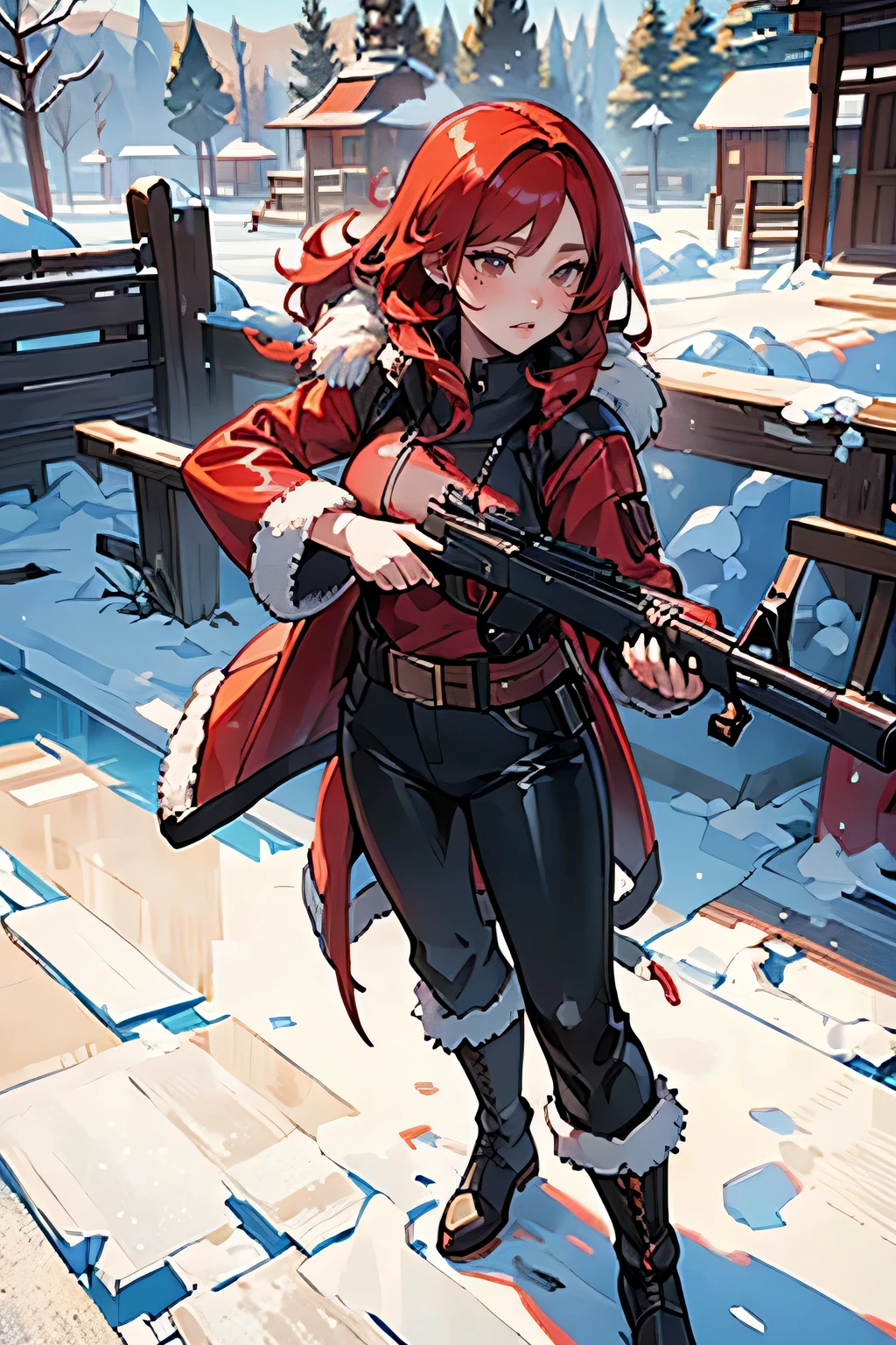 Hunting girl with rifle in combat pose in the snow,Oriental,Blade and Soul,Ink Style,Long Red Hair,Leather and fur coat,cold,Artwork,3d,4K,detailed,Realistic