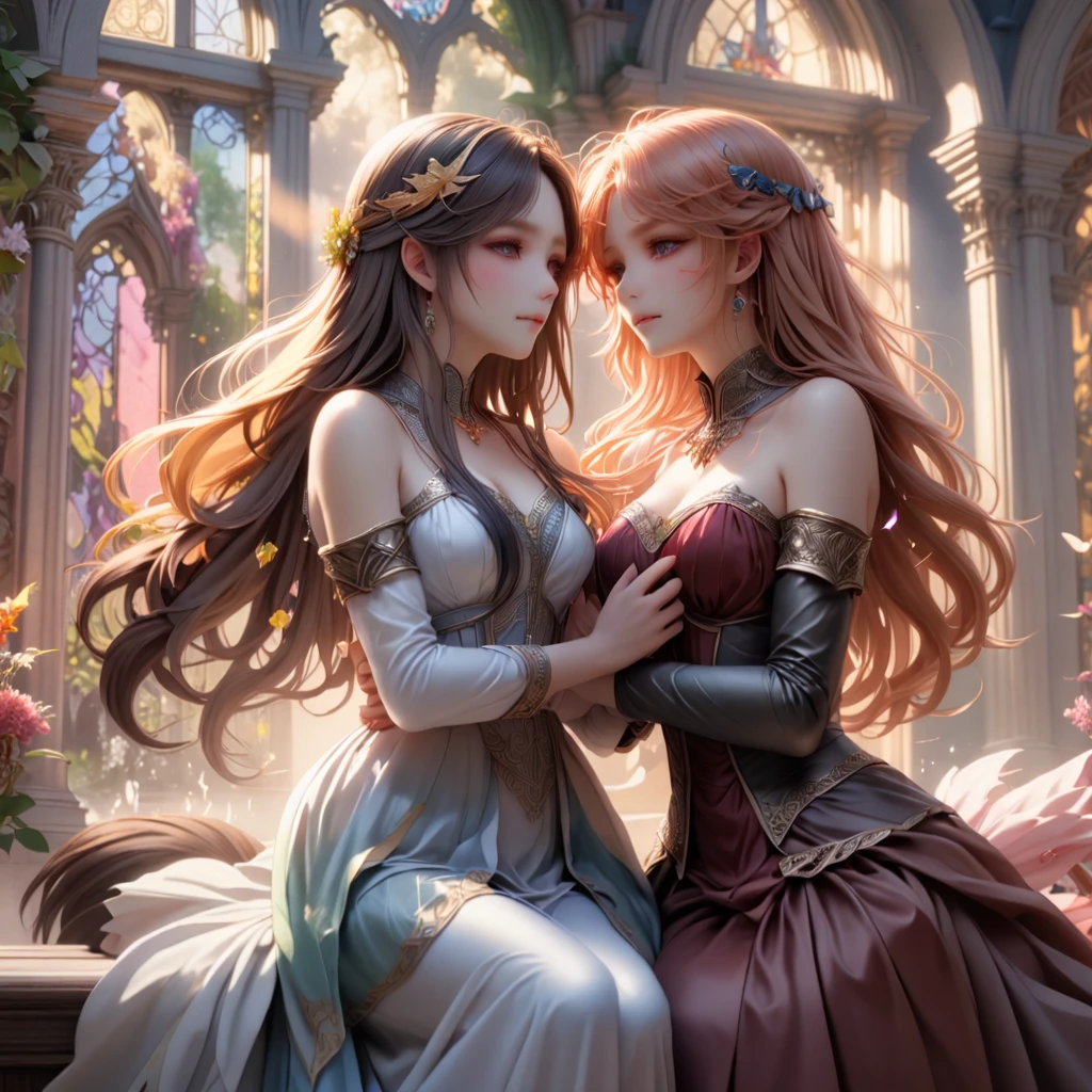 ((best quality)), ((masterpiece)), (detailed), two girls, ethereal beauty, the two girls tenderly kissing, (fantasy illustration: 1.3), enchanting gaze, captivating pose, otherworldly charm, heaven mystical, (Luis Royo:1.2), (Yoshitaka Amano:1.1), moonlit night, soft colors, (detailed clouds:1.3), (high resolution:1.2)