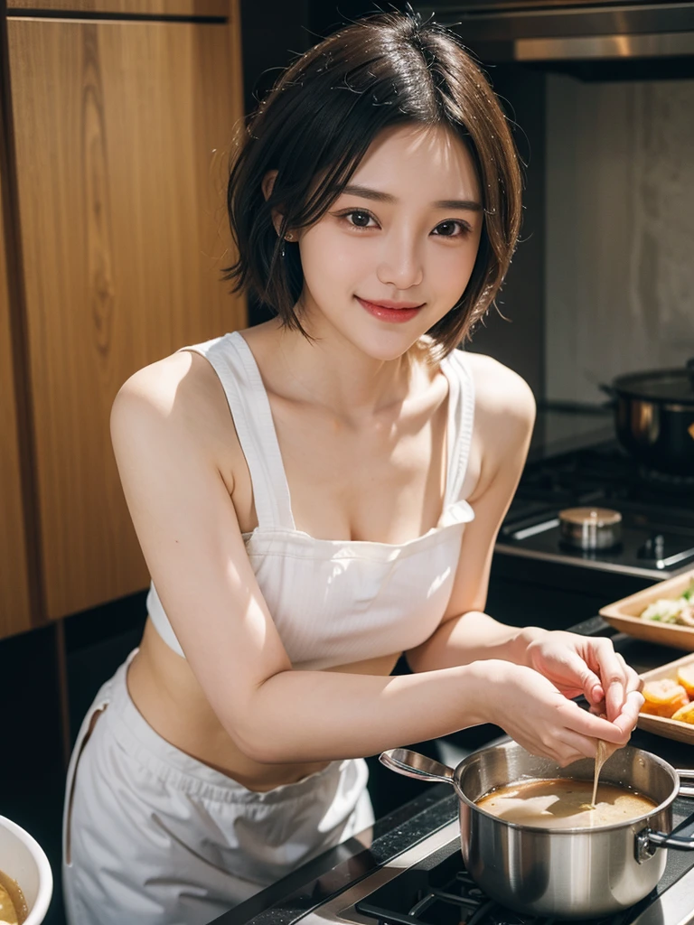 small head,  (perfect bodies: 1.1), (shoulder length straight short hair: 1.0), （极其细致的CG 8k壁纸），（Extremely refined and beautiful），（tmasterpiece），（best qualtiy：1.0），（超高分辨率：1.0），(upper body:1.3)，[A high resolution]，cheerfulness，Smile,(short ponytail:1.1),Smooth and flawless fair skin，ultra - detailed ，Elongated legs，（Small breasts:1.1),Flat chest,Slim，emaciated,(White sleeveless sweater:1.5),Cleavage,navel,(white pantyhose:1.3),(round hips:1.3),In a kitchen，Teal background，Next to the stovetop，Cooking，(from front:1.3)，Close shot，nightfall，warm light,Several dishes on table,standing,(cowboy shot:1.3),(Portrait photo:1.3)