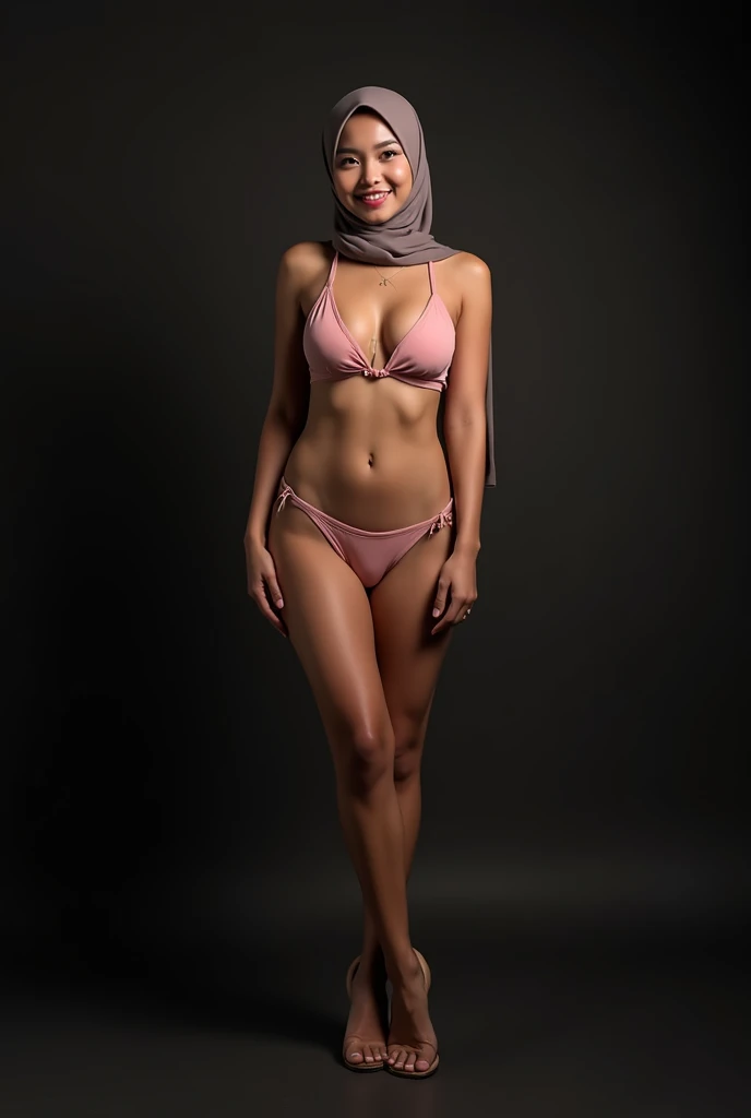 Sexy Malay woman wear strapless bra and gym shorts in front of a yellow and light blue background, laughing, glasses, hijab, small breast, slim, small abs, wide waist, thick thighs,