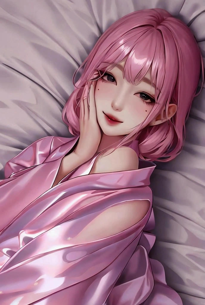 1 girl, (masterpiece,highest quality,超A high resolution), (((Very beautiful 25 year old girl))), look at the photographer、 ((beautiful low ponytail)), super cute face, glossy lips, double eyelids in both eyes,natural smile、 natural makeup, long eyelashes, Shiny and smooth light pink hair、perfect limbs, perfect anatomy,(((comfy pajamas)))、,(wet with sweat),,turn around and look back,See-through