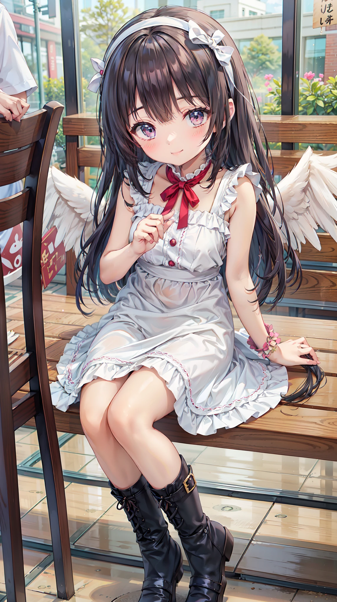 ((masterpiece)),((highest quality)),((Anatomical)),((Realistic)),((Detailed Description)),((cute)),((のcute部屋)),(((Kindergarteners))),((Beautiful Eyes)),((Baby Face)),((Petite)),((Bewitching Smile)),((Angel Wings)),(((Mourning clothes))),