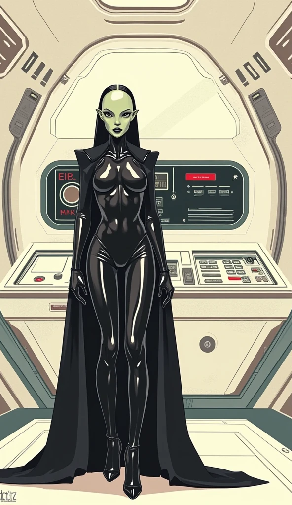 70s airbrush painting of a beautiful alien android wearing a jeweled dress , posing inside a spaceship <lora:70s_Sci-Fi_Art_XL:1>