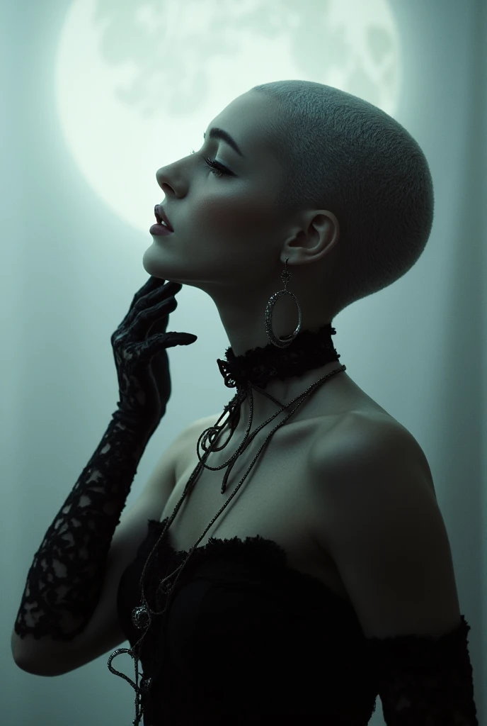 under pale moonlight insane detail, insane cinematic morbid of a goth, her lace gloves black with patterns, caressing her lips tracing along her face, beckoning to flow cascading her touch is soft delicate and elegantly sensual, (her bald head glistening) under the pale moon
