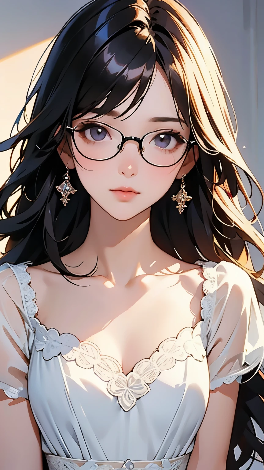 One very beautiful girl, See-through，Beautiful and fair、Beautiful Skin、Glowing Skin, bright, A refreshing and gentle appearance, Perfect beautiful face、Beautiful shiny bangs, thin rim glasses、Small breasts，Lace dress，See-through，Blur the background、8k、Best Quality、High image quality、masterpiece、wallpaper、