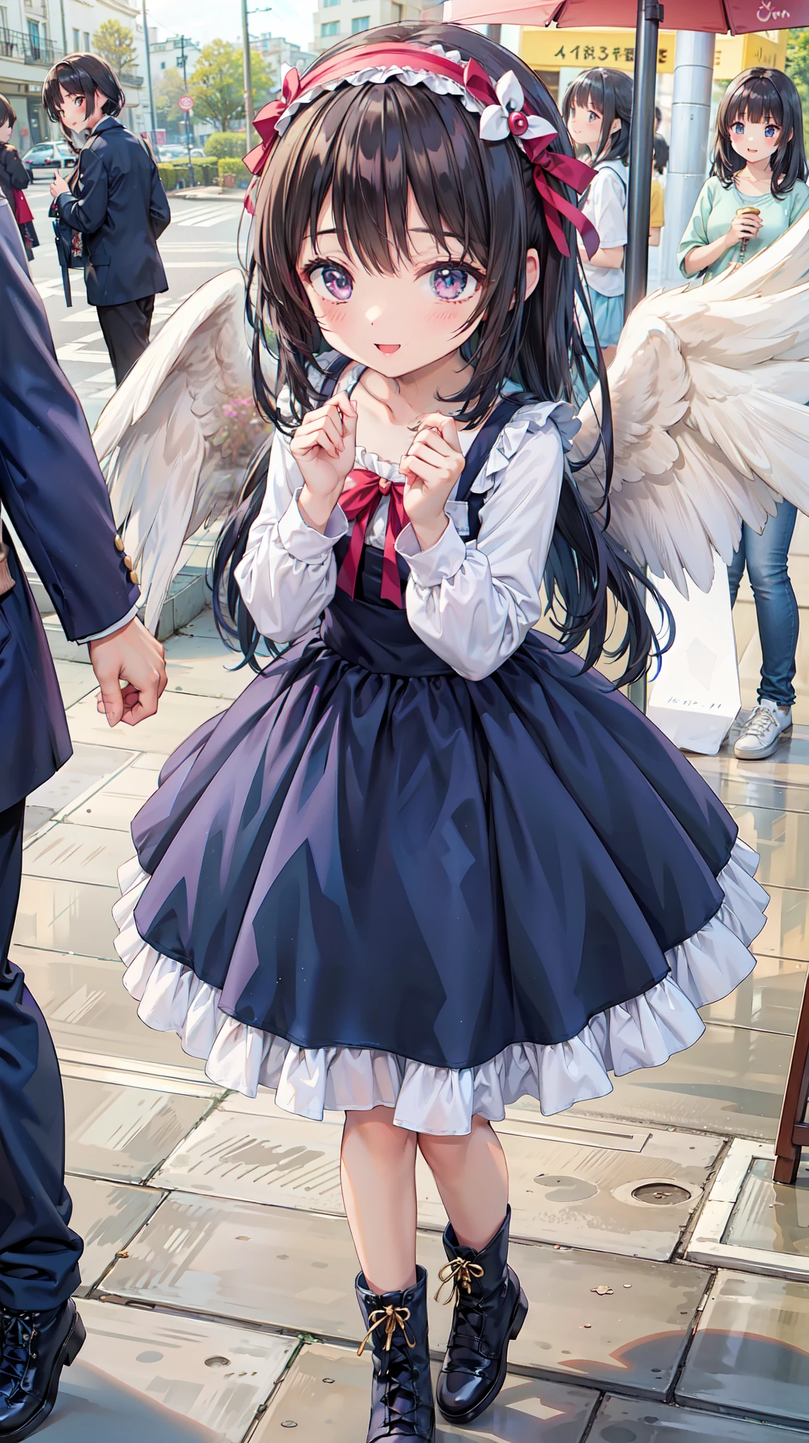 Anime Style、story、、Beautiful girls、very cute angel、Pink Gothic Dress、cute、baby face、smile、Long skirt、Black boots、Very cute headband