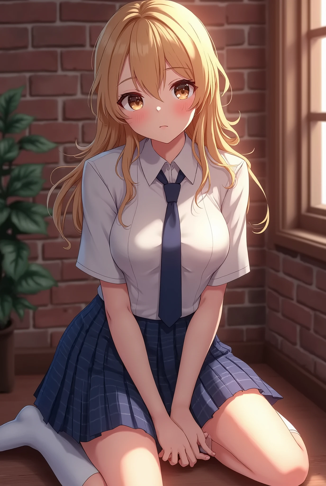 (1 girl), (highly detailed brasilian face), extremely detailed CG unified 8k wallpaper, highly detailed, raw color photos, professional photography, Realistic, (beautiful big breasts), (hi-school uniform with open chest:1.6), pleated skirt, ((cameltoe)), bedroom, blonde curly hairy, Mask on her eyes, big lips, (from above lying on her back, head on a pillow, spread open legs), bedroom, open pussy.