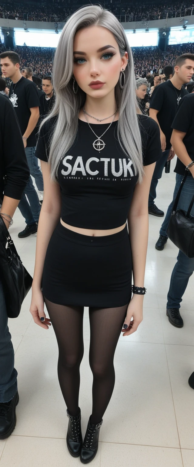 Fraction_9, Fraction_8_Direction_7_up,gothic girl, goth girl 1 girl, 1 girl,Single,Long hair,Looking at the audience,Blue eyes,shirt,jewelry,Shut up,gray hair,gray hair,earrings,Necklace,Necklace,lips,black shirt,Above,black Necklace,  full body, black pantyhose,