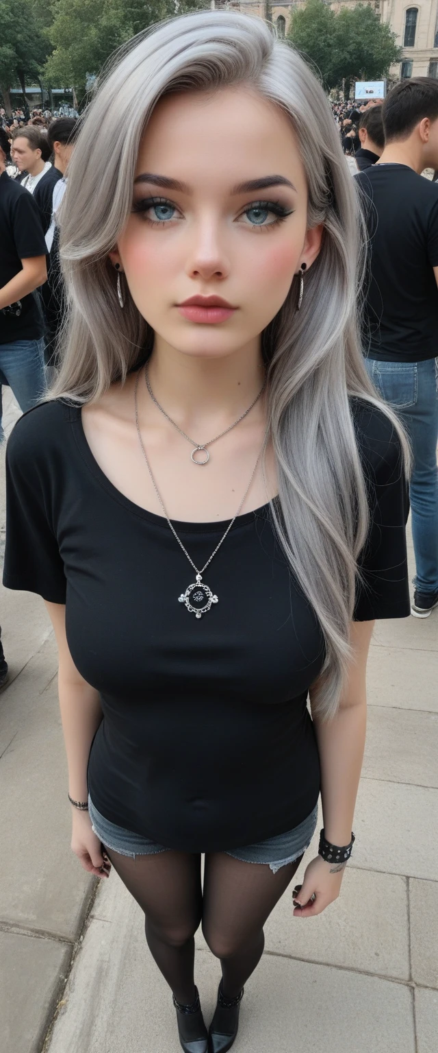 Fraction_9, Fraction_8_Direction_7_up,gothic girl, goth girl 1 girl, 1 girl,Single,Long hair,Looking at the audience,Blue eyes,shirt,jewelry,Shut up,gray hair,gray hair,earrings,Necklace,Necklace,lips,black shirt,Above,black Necklace,  full body, black pantyhose,