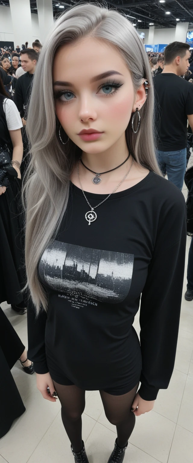 Fraction_9, Fraction_8_Direction_7_up,gothic girl, goth girl 1 girl, 1 girl,Single,Long hair,Looking at the audience,Blue eyes,shirt,jewelry,Shut up,gray hair,gray hair,earrings,Necklace,Necklace,lips,black shirt,Above,black Necklace,  full body, black pantyhose,