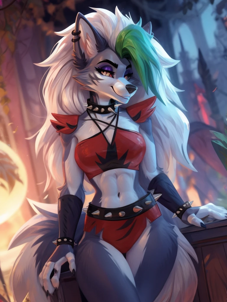 fnafroxanne, furry female, body fur, makeup, wolf ears, crop top, collar, spikes, jewelry, ear piercing, bracelet, wolf tail