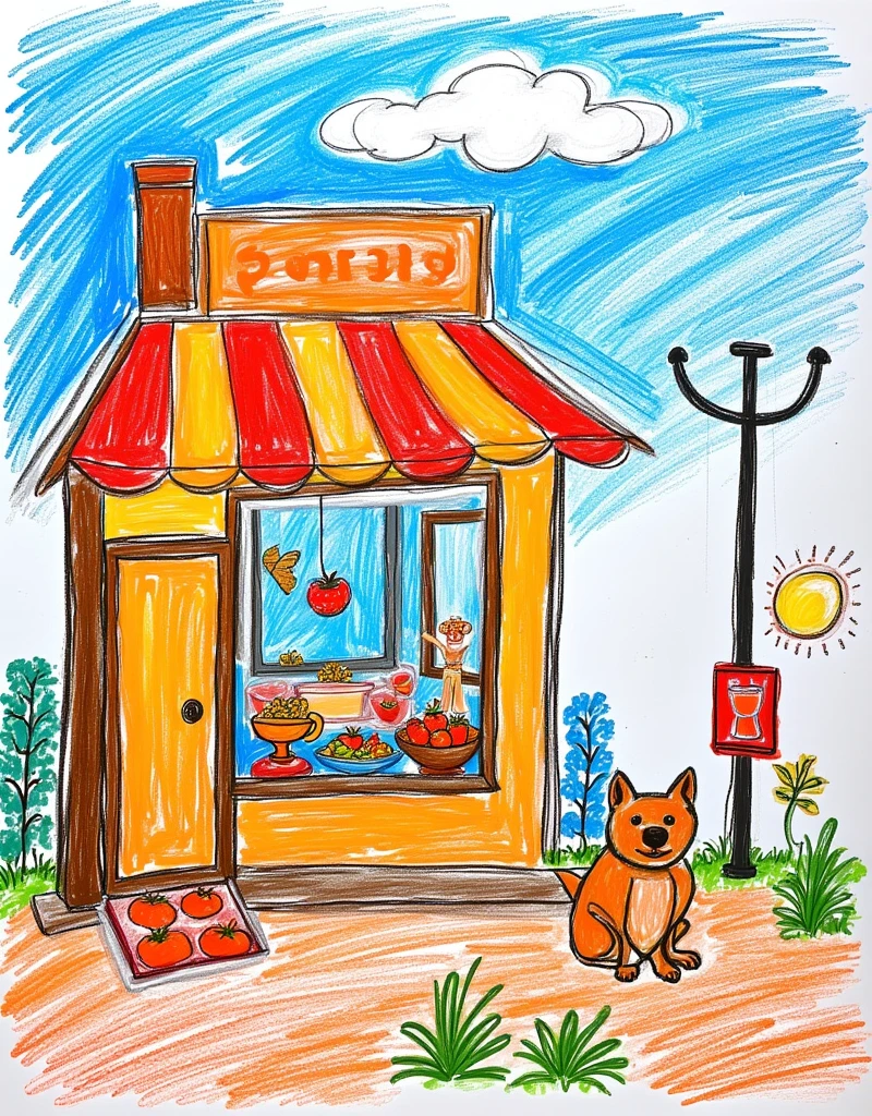 Quaint storefront with colorful awning，Displaying various items for sale，Background with blue sky and fluffy white clouds。A dog resting on the sidewalk，A sign reads &quot;Cold Drinks&quot;，childrens simple drawings, simple graffiti, poor painting skills, crayon drawings, fairy tales style, pure white background