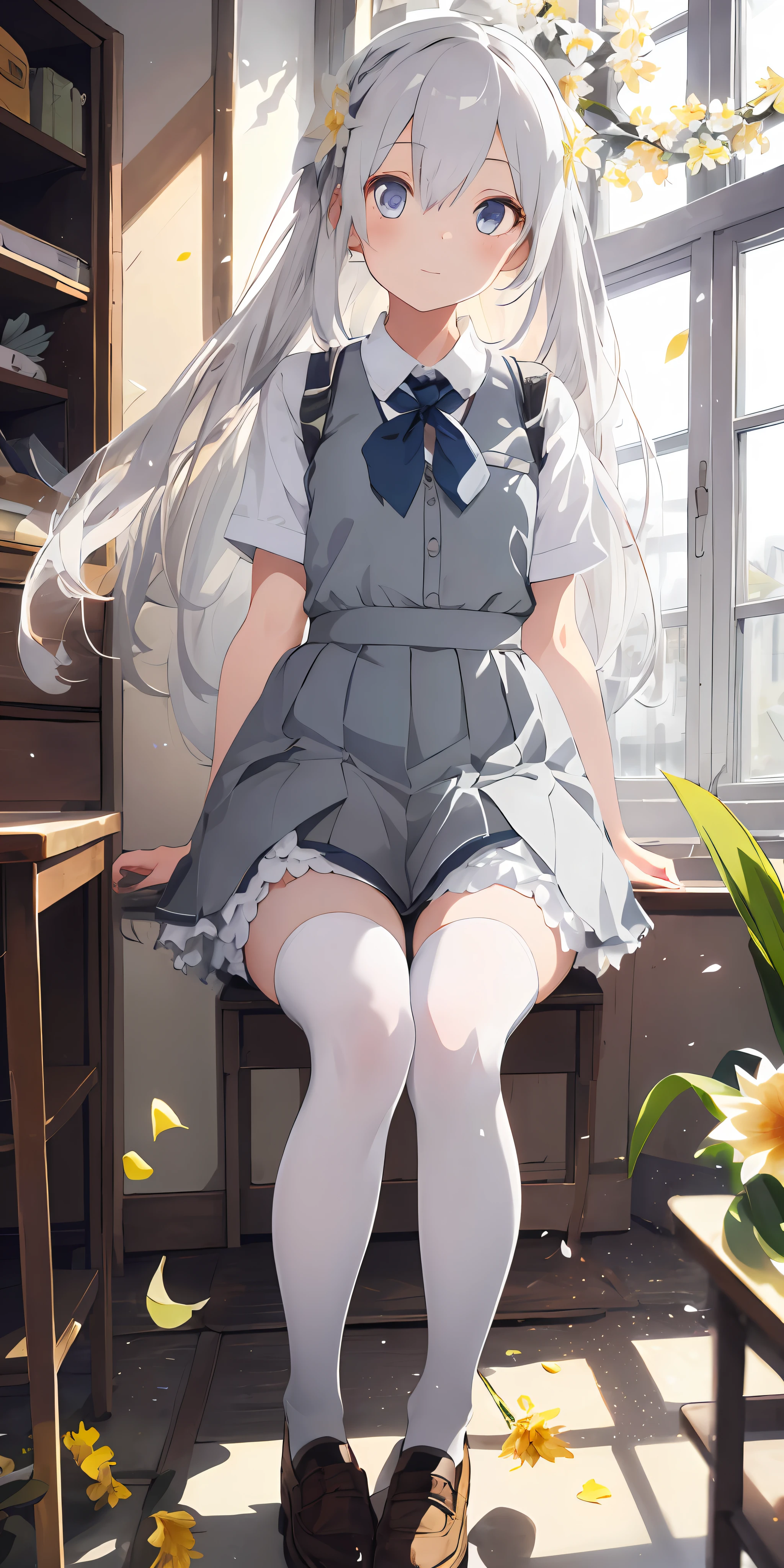 Anime girl sitting on a chair in a room with flowers - SeaArt AI