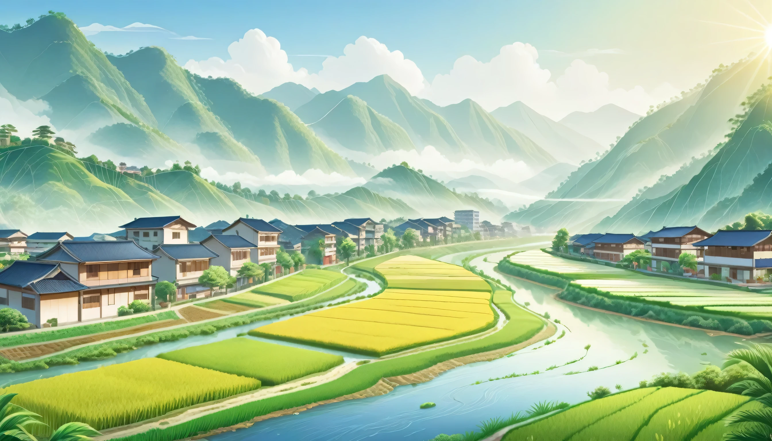 A modern town surrounded by mountains and forests，Mass Housing, City, Many buildings, Residential area，Rice fields and river，Green Trees，Morning Sunshine，Beautiful scenery，Mainly line illustrations，Simplicity