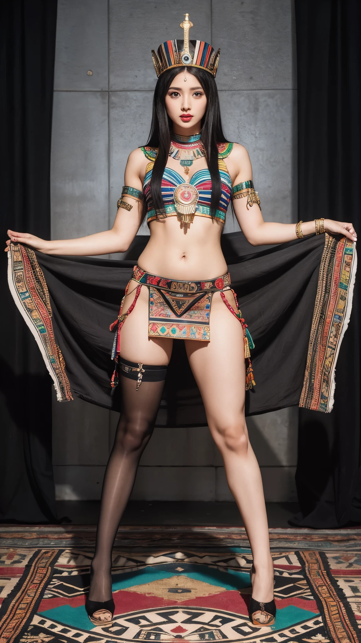 Beautiful Aztec goddess of death Aztec Beautiful, full body, head to feet full body photography, long skirt:1.2, open at side skirt, Pantyhose, egyptian crown, pleated, multicolored clothing, skinny woman