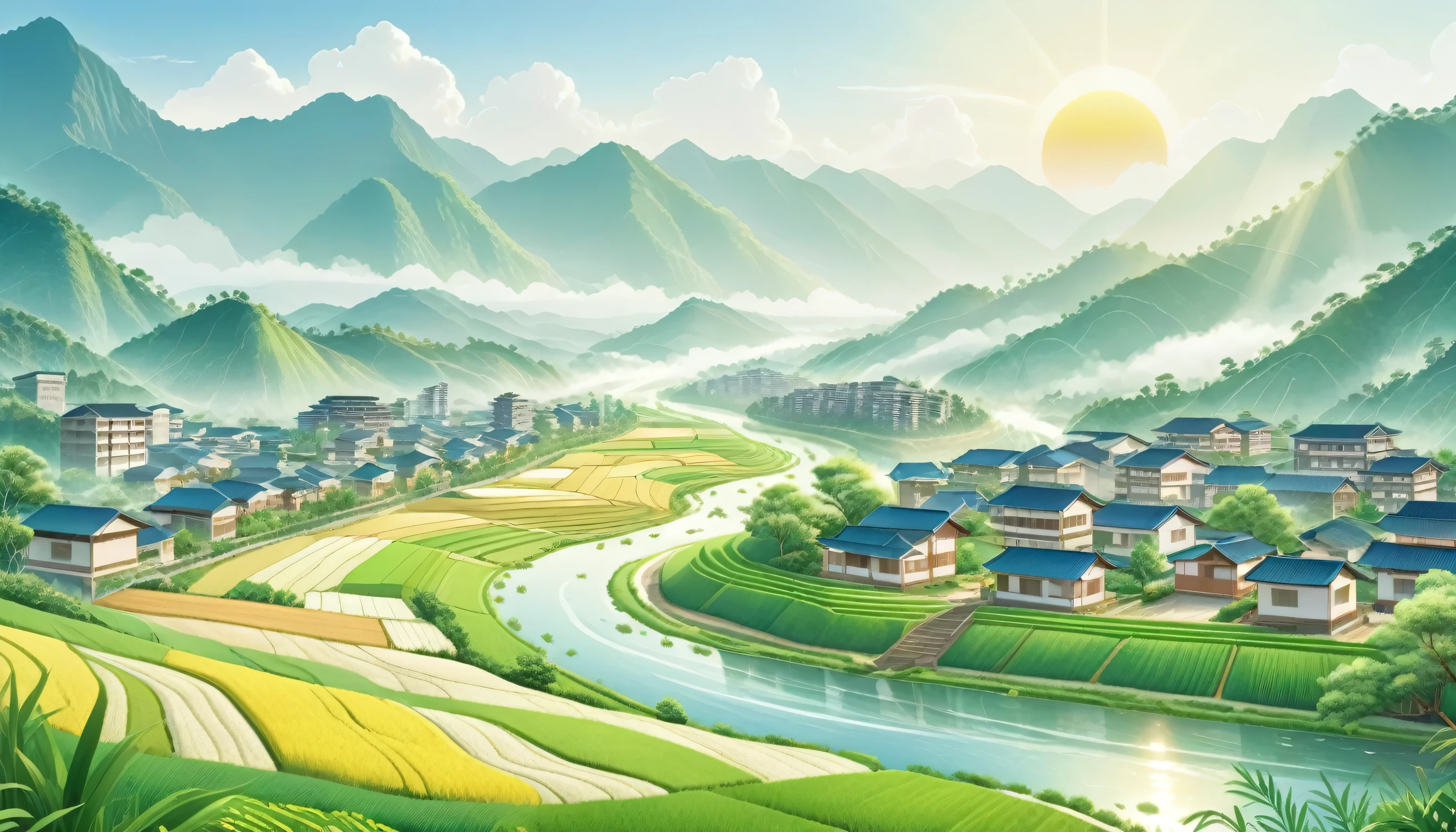 A modern town surrounded by mountains and forests，Mass Housing, City, Many buildings, Residential area，Rice fields and river，Green Trees，Morning Sunshine，Beautiful scenery，Mainly line illustrations，Simplicity