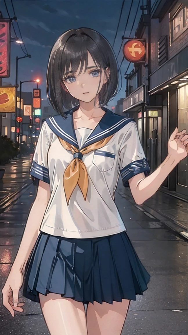 (masterpiece, best quality:1.2), 8k, official art, raw photo, absurdres, thin line, (sailor uniform, serafuku, upper body, thigh high socks, thighs:1.4), from below, beautiful girl, pretty face, school uniform, short sleeve, arch back, (navy pleated skirt:1.2), close up, teen, street, looking at viewer, film grain, chromatic aberration, sharp focus, facelight, dynamic lighting, cinematic lighting, detailed eyes and face, (bokeh background:1.3), black thigh high socks